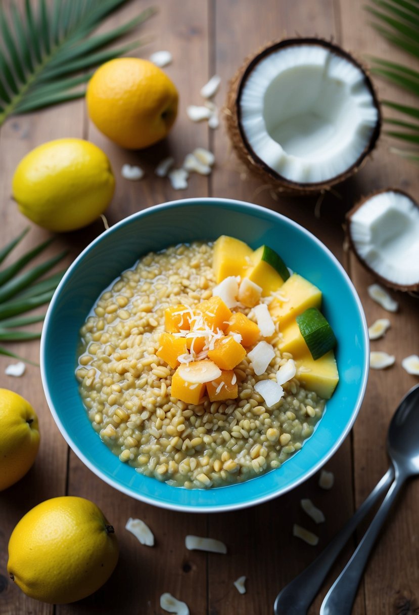 A bowl of tropical millet porridge surrounded by fresh fruits and coconut flakes on a wooden table