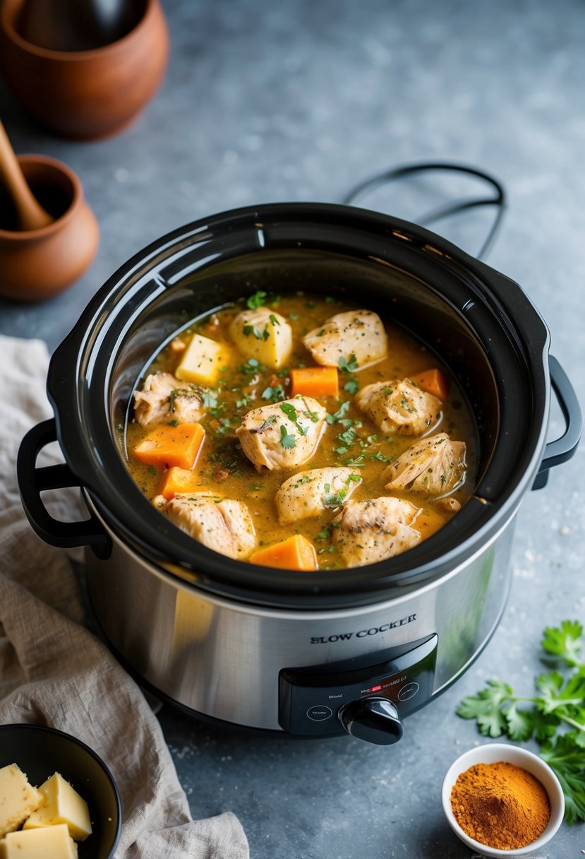 A slow cooker filled with Paleo butter chicken ingredients simmering with aromatic spices