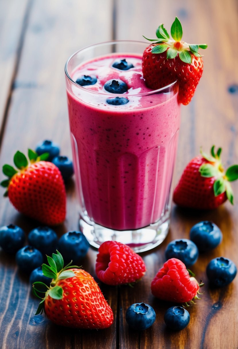 A glass filled with a vibrant pink smoothie surrounded by fresh strawberries, blueberries, and raspberries on a wooden table