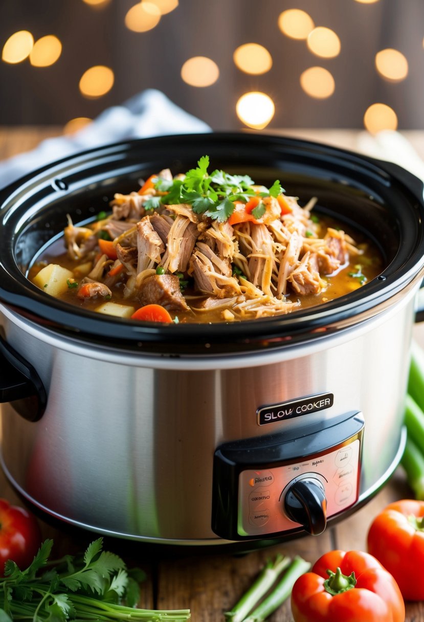 A slow cooker filled with tender, juicy pulled pork surrounded by fresh vegetables and herbs