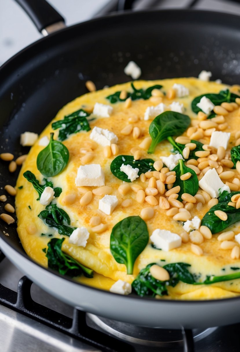 A sizzling omelette with spinach, crumbled feta, and toasted pine nuts cooking in a non-stick skillet on a stovetop