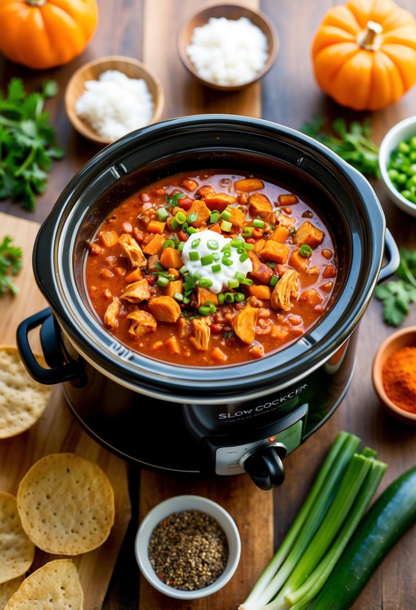 A slow cooker filled with buffalo chicken chili surrounded by paleo ingredients like vegetables and spices