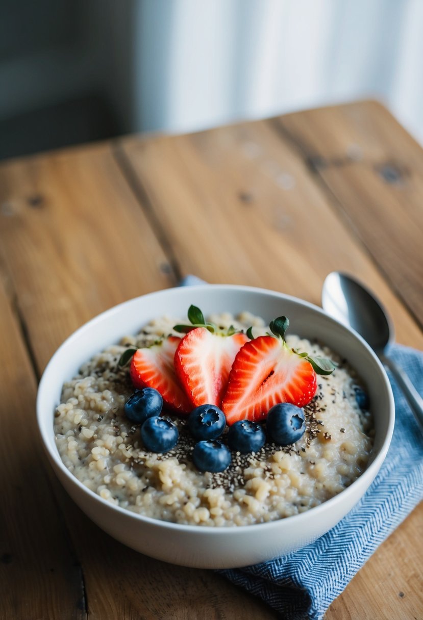 A bowl of quinoa porridge topped with sliced strawberries, blueberries, and a sprinkle of chia seeds, set on a wooden table