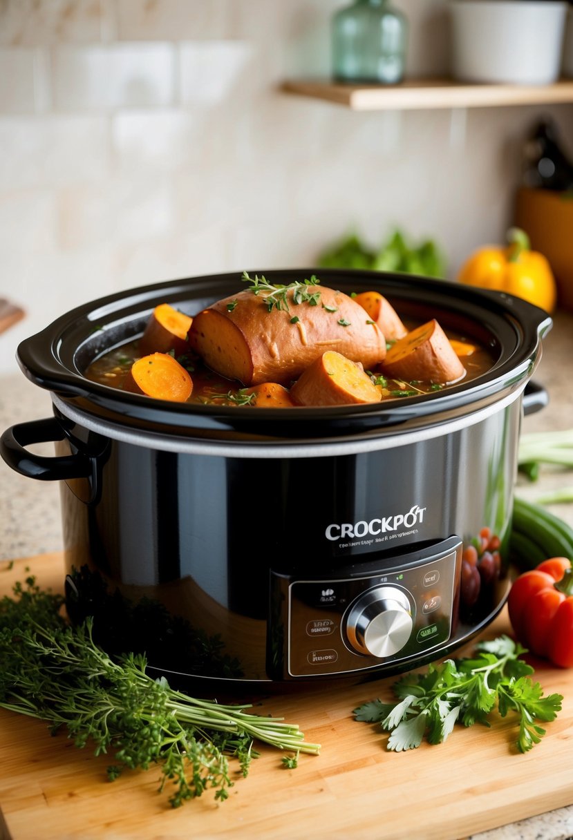 A crockpot filled with sweet potato pot roast, surrounded by fresh herbs and vegetables, simmering on a kitchen counter