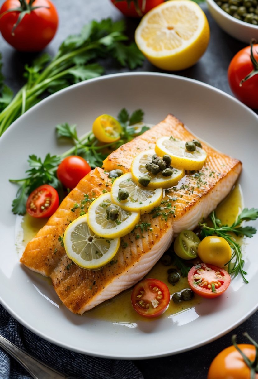 A golden-brown sea bass fillet topped with a zesty lemon caper dressing, surrounded by colorful low FODMAP ingredients like tomatoes and fresh herbs