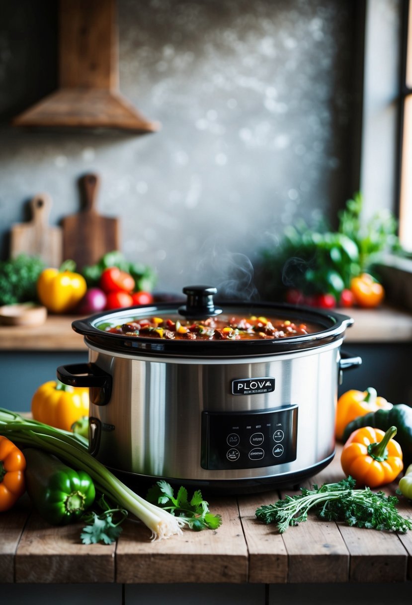 A rustic kitchen with a bubbling slow cooker filled with Paleo chili surrounded by fresh vegetables and herbs