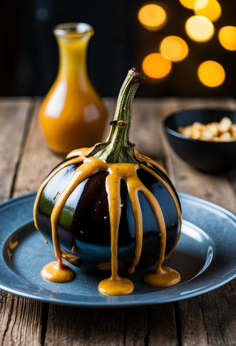 A whole roasted aubergine drizzled with chili peanut dressing on a rustic wooden table