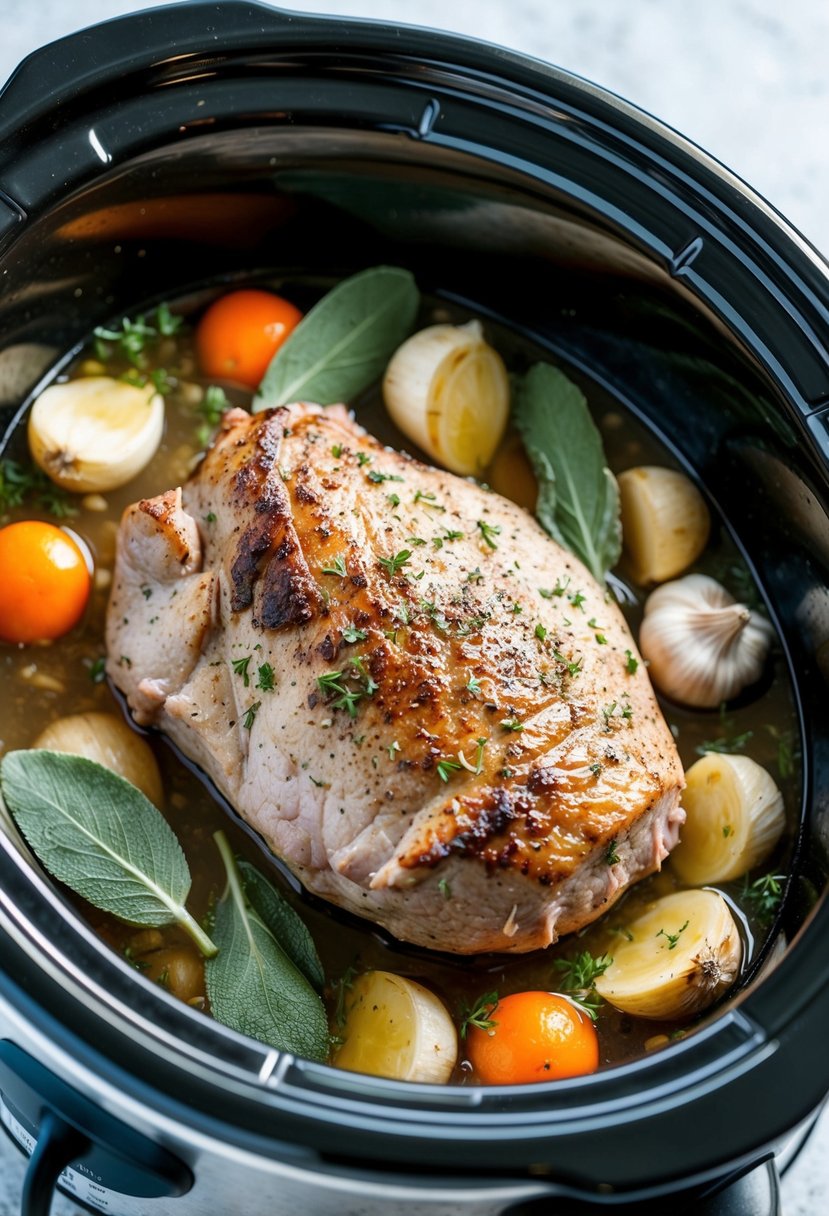 A pork tenderloin surrounded by sage, garlic, and other paleo ingredients in a crockpot