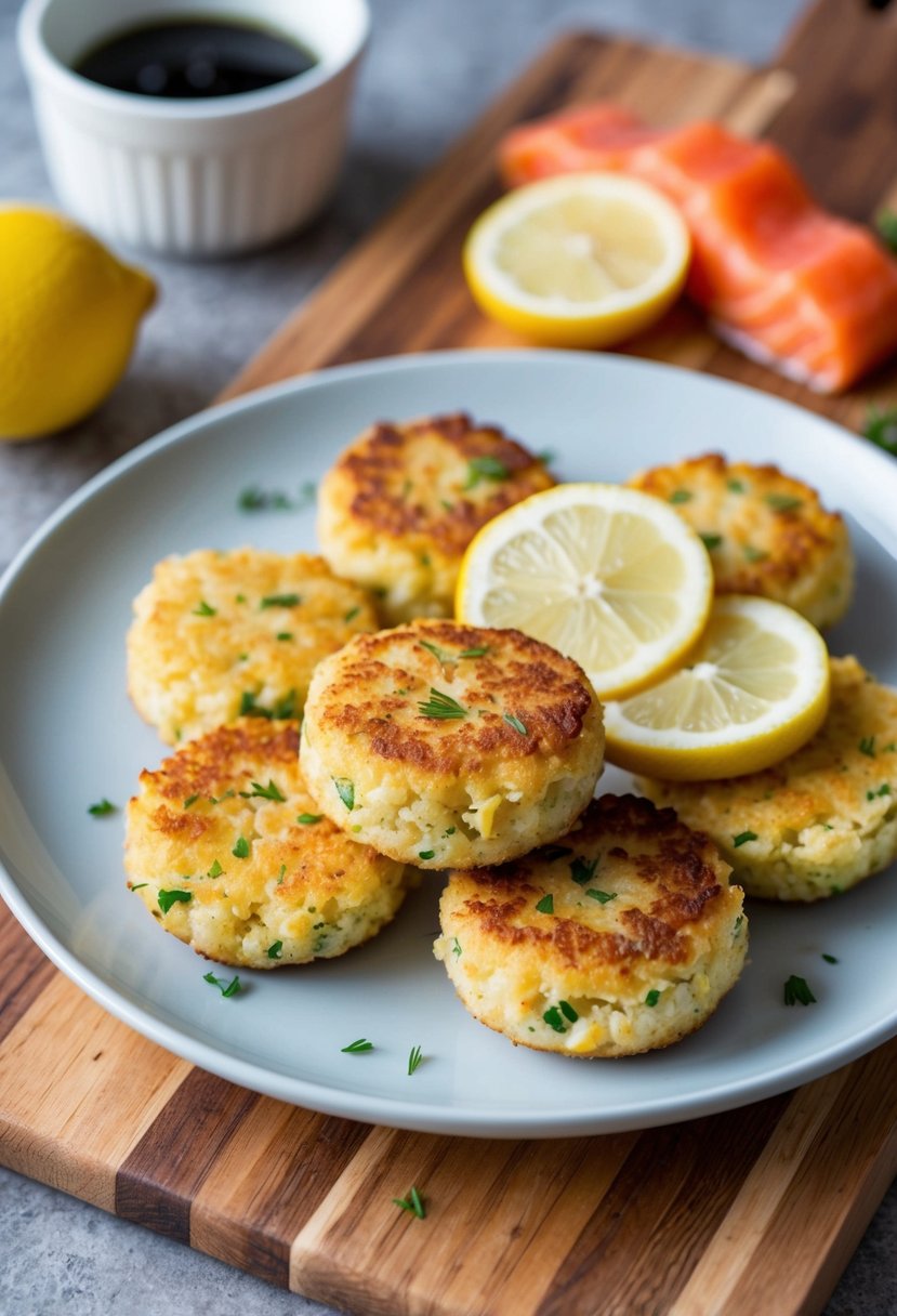 A plate of mini fish cakes with slices of lemon and fresh salmon on a wooden cutting board