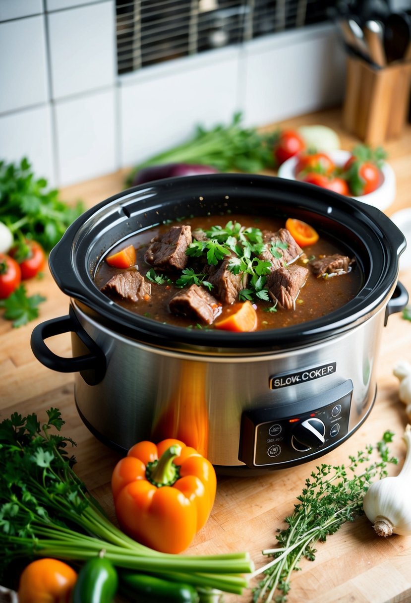 A slow-cooker filled with hearty Paleo beef stew, surrounded by fresh vegetables and herbs, simmering on a kitchen countertop