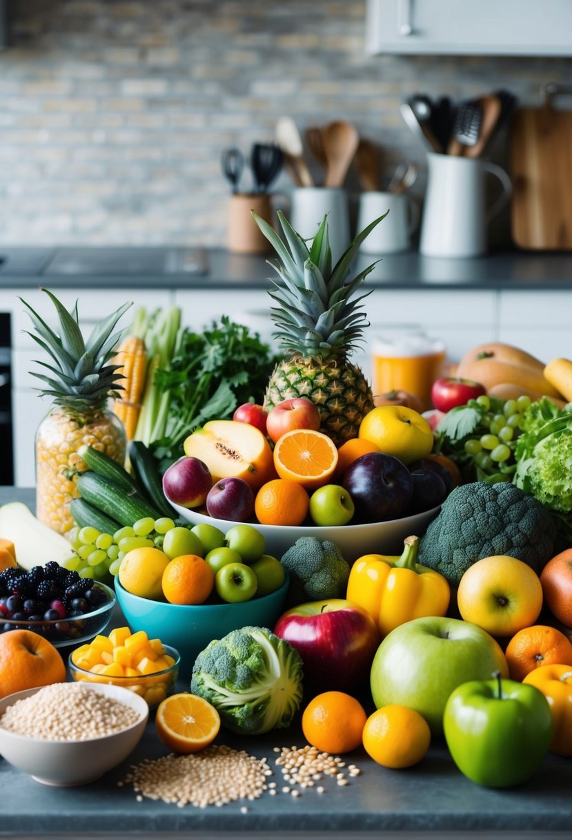 A colorful array of fruits, vegetables, and whole grains arranged on a kitchen counter, surrounded by recipe books and cooking utensils