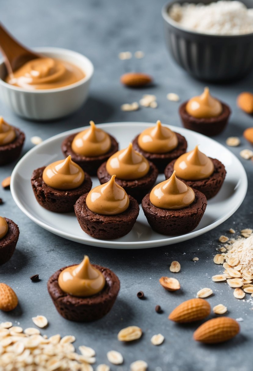 A plate of bite-sized brownies with dollops of peanut butter on top, surrounded by scattered ingredients like oats, cocoa, and almond flour