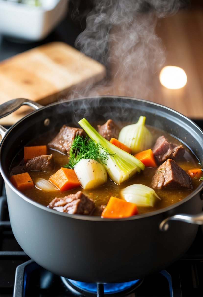 A steaming pot of beef stew with fennel and shallots simmering on a stovetop. Chunks of beef, colorful vegetables, and rich broth fill the pot