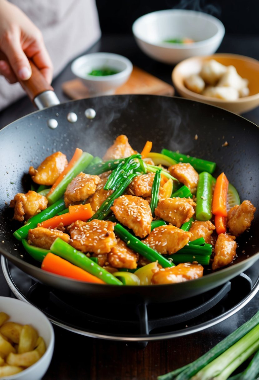 A sizzling wok stir-fries chicken, ginger, and sesame with colorful vegetables