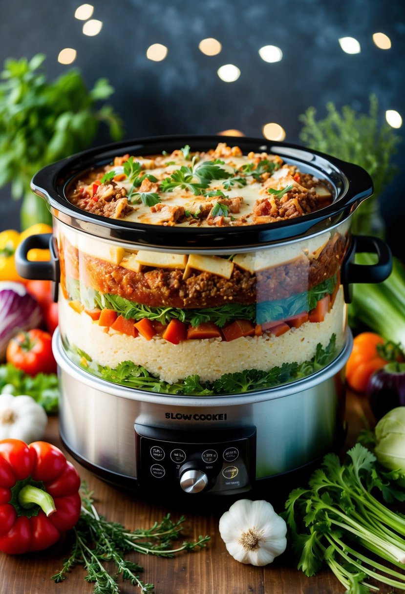 A slow cooker filled with layers of paleo lasagna ingredients, surrounded by fresh vegetables and herbs