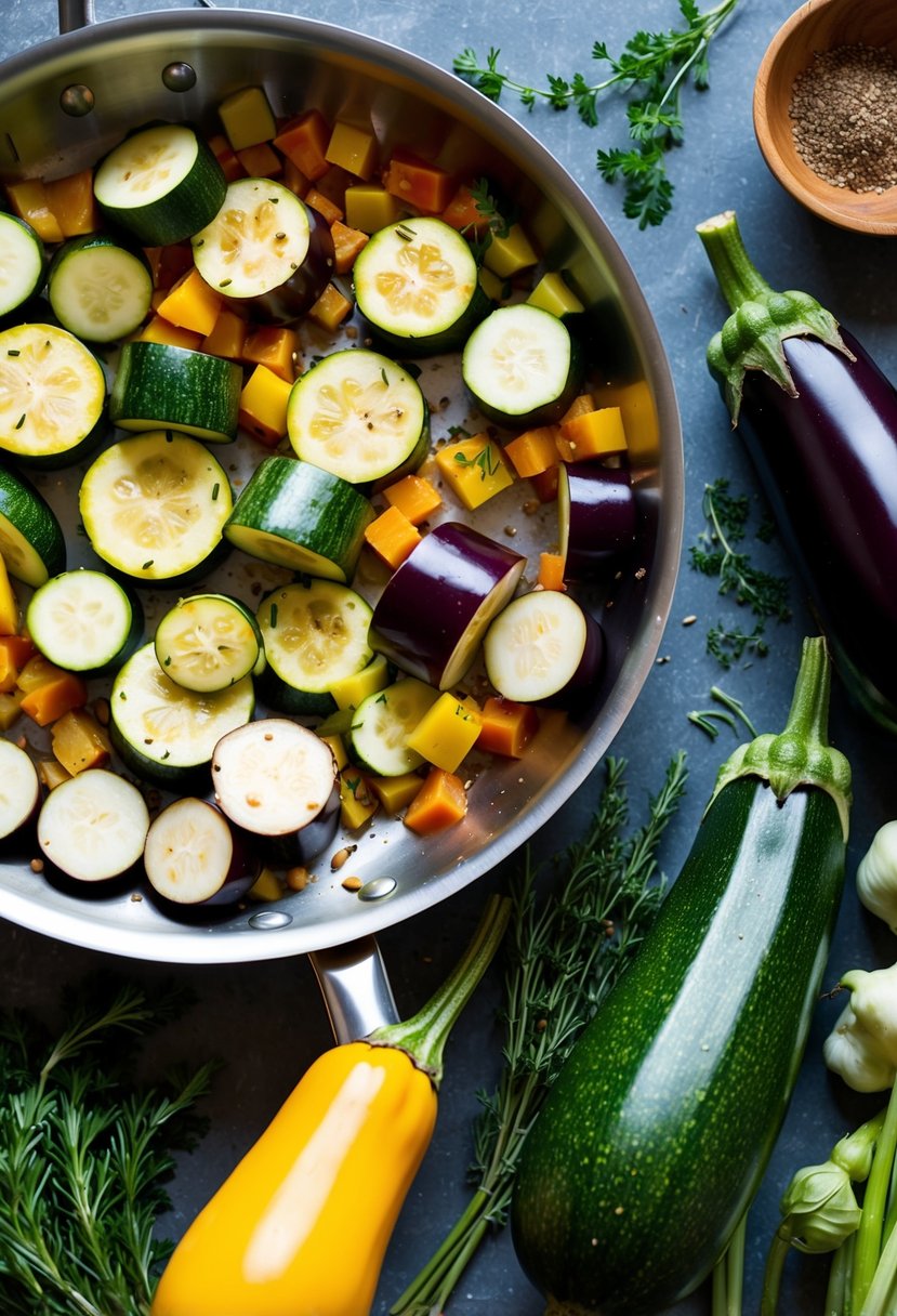 A colorful array of zucchinis and eggplants being sliced and sautéed in a pan, surrounded by fresh herbs and spices