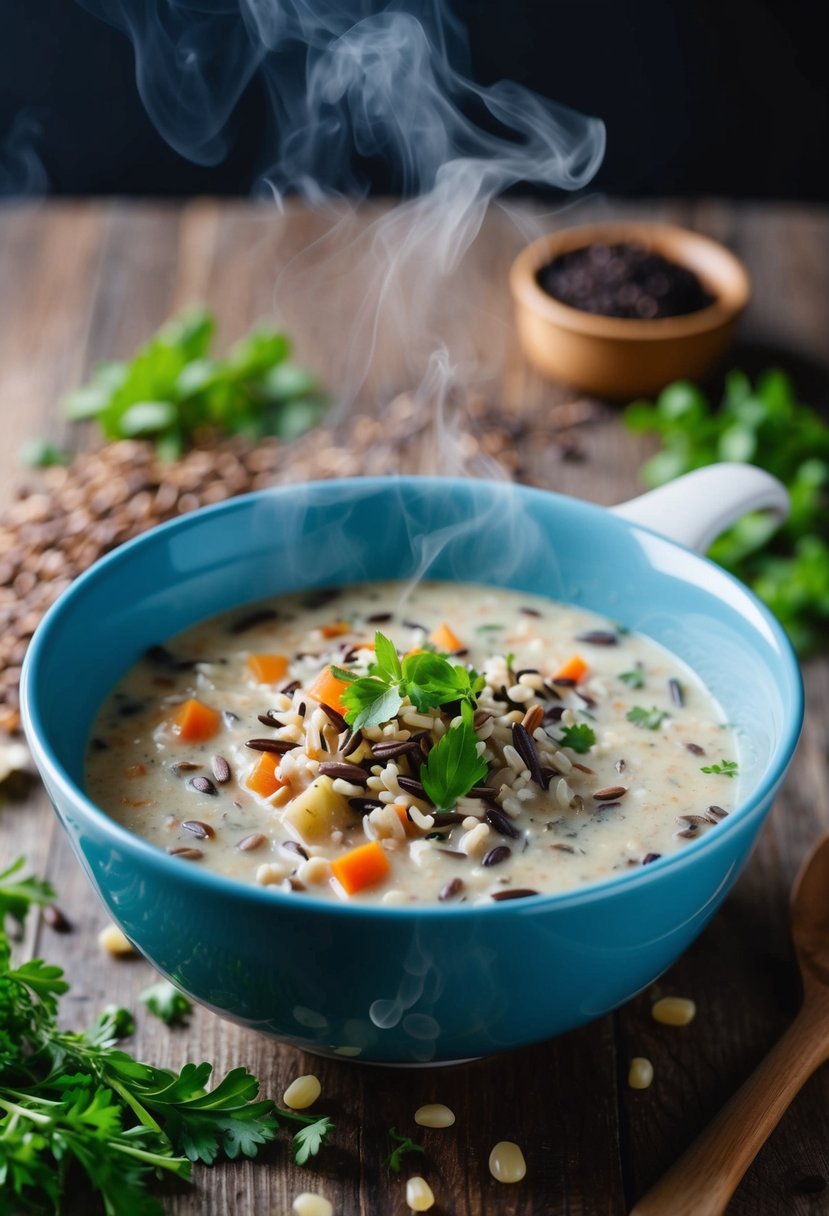 A steaming bowl of creamy wild rice soup surrounded by a scattering of whole grains and fresh herbs