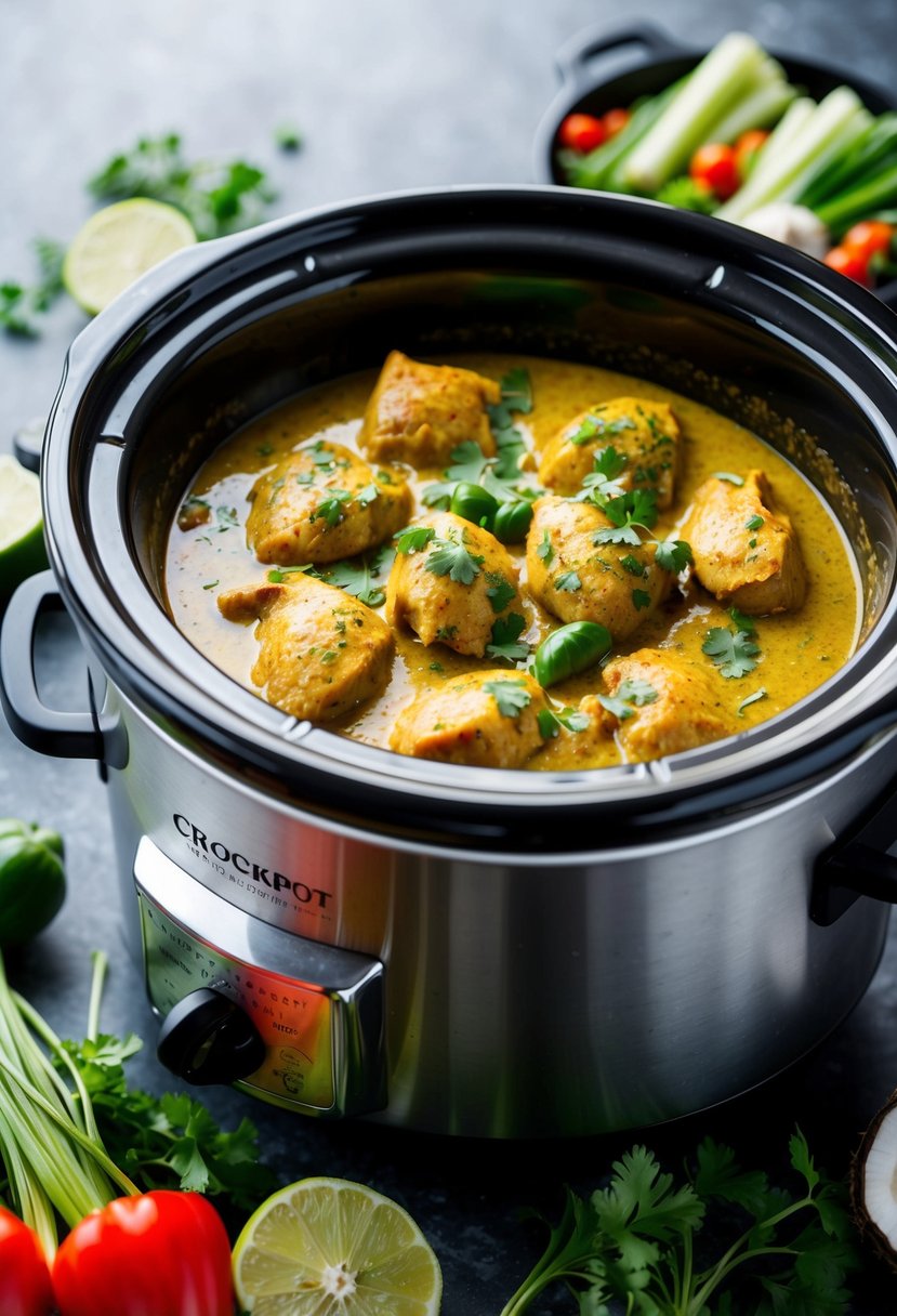 A crockpot filled with coconut curry chicken surrounded by fresh vegetables and herbs