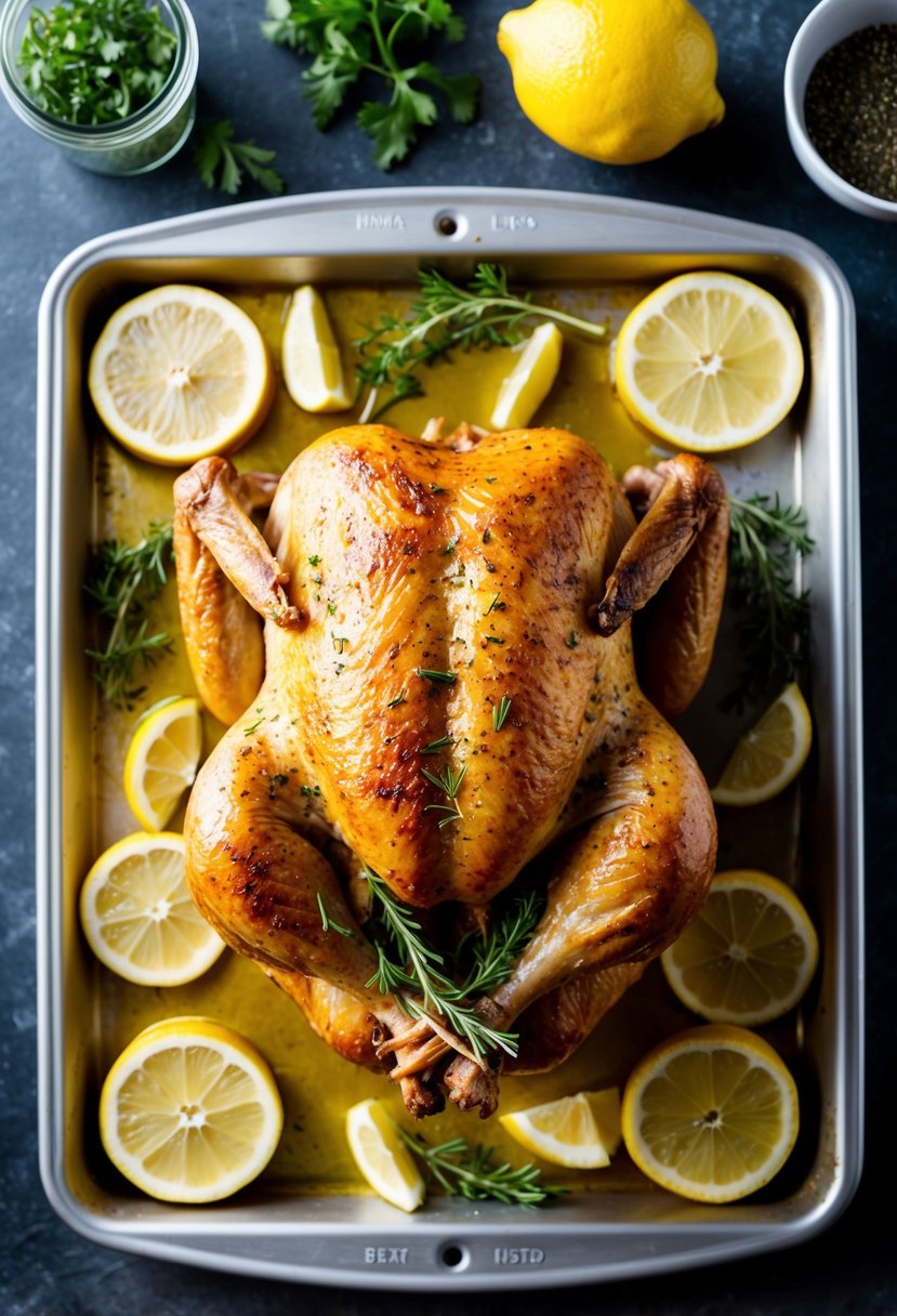 A whole roasted chicken surrounded by fresh lemon slices and herbs on a baking tray