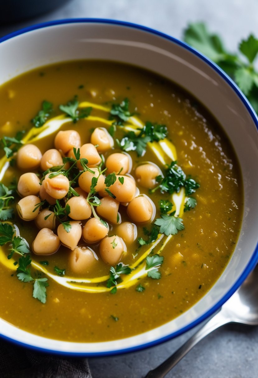 A colorful bowl of gazpacho soup topped with chickpeas and garnished with fresh herbs and a drizzle of olive oil