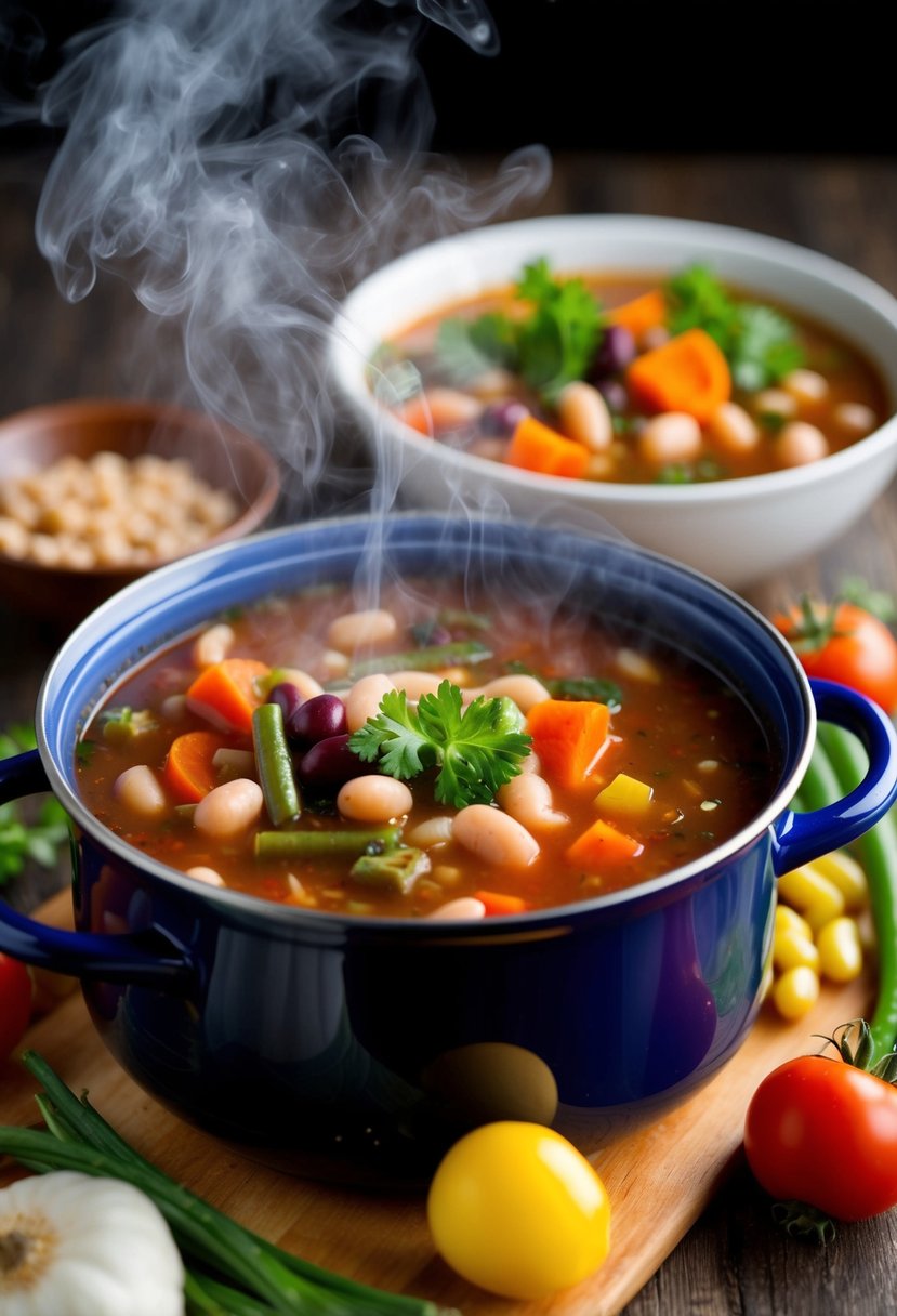 A steaming pot of minestrone soup surrounded by colorful vegetables and beans