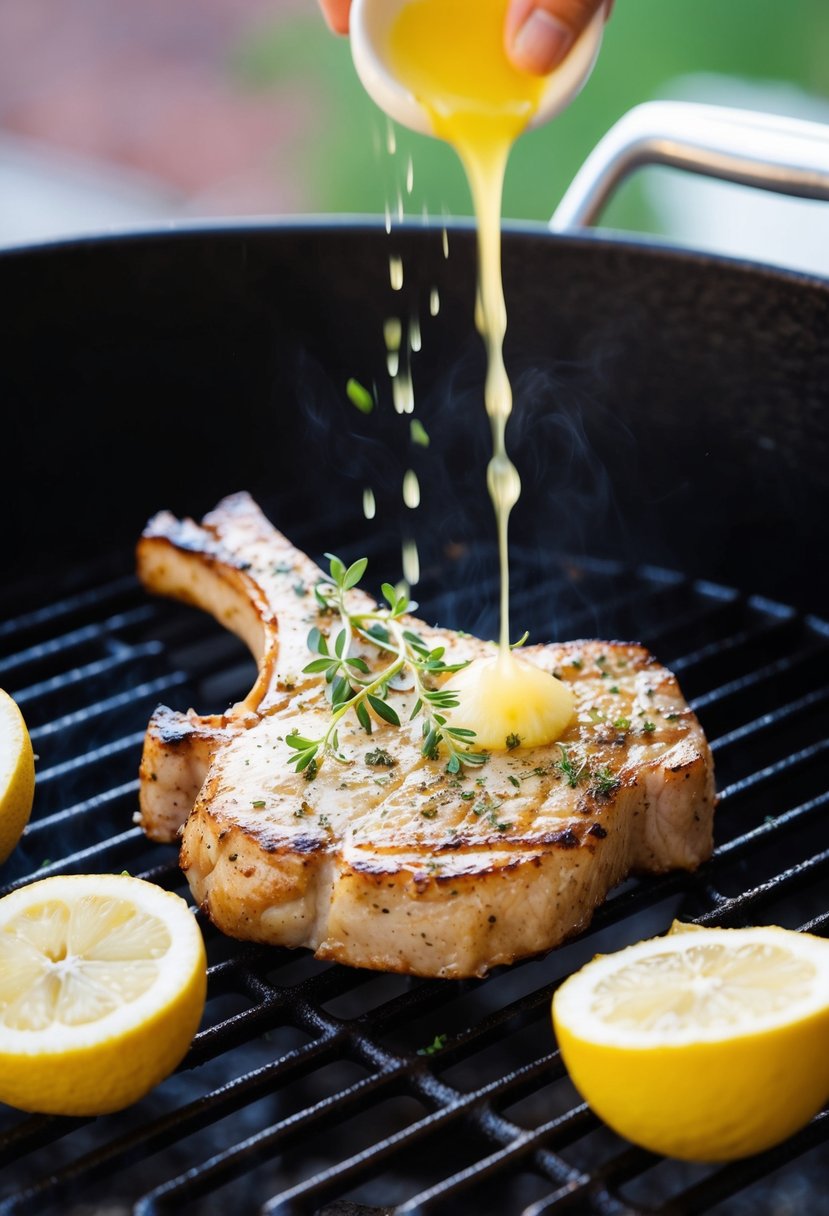 A sizzling pork chop on a grill, sprinkled with fresh thyme and drizzled with lemon juice