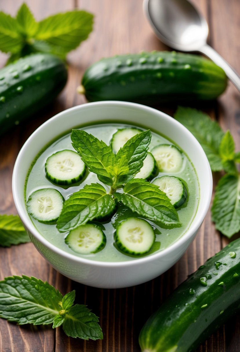 A bowl of chilled cucumber and mint soup surrounded by fresh cucumbers and mint leaves on a wooden table