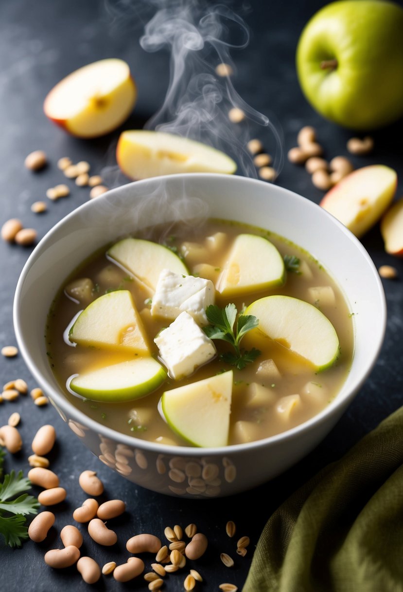 A steaming bowl of potato soup with slices of apple and chunks of Brie, surrounded by a scattering of high-fiber ingredients like beans and whole grains