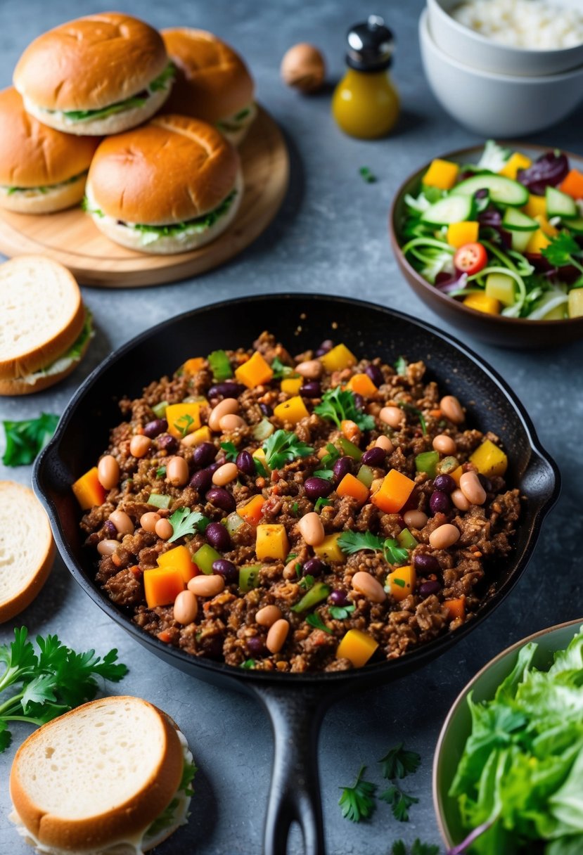 A skillet sizzling with ground beef, beans, and colorful vegetables, surrounded by whole grain buns and a side of fresh salad