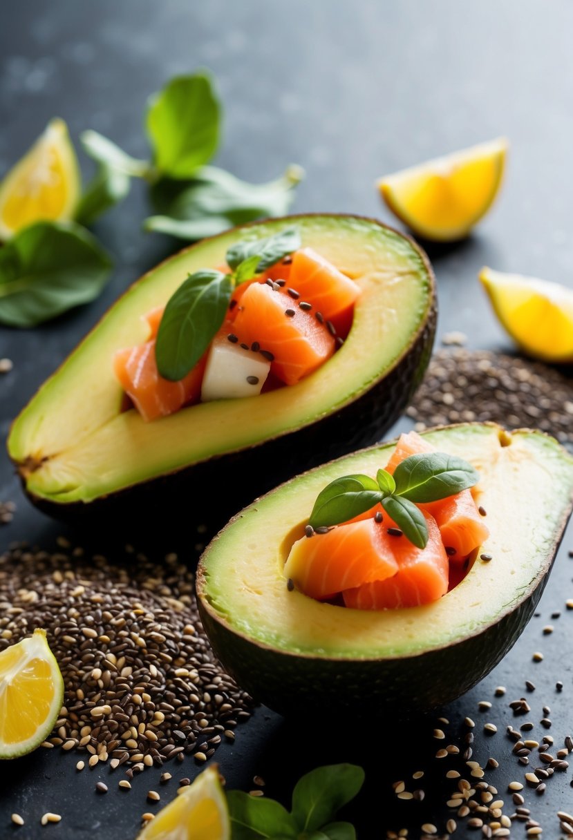 A ripe avocado cut in half and filled with salmon and colorful vegetables, surrounded by a scattering of flaxseeds and chia seeds