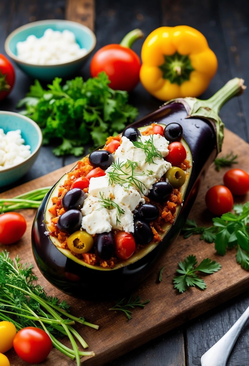 A whole eggplant stuffed with feta cheese and olives, surrounded by colorful vegetables and herbs on a rustic wooden cutting board