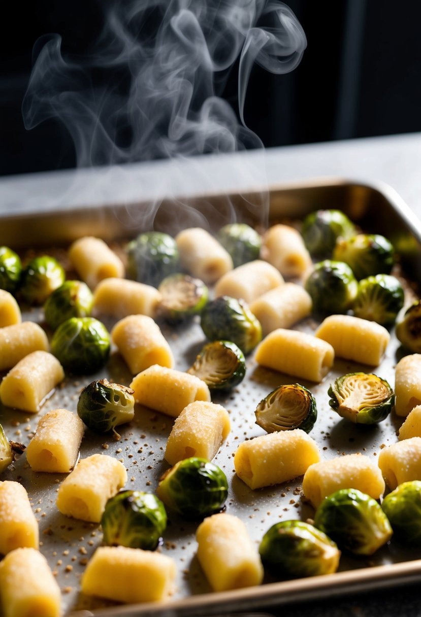 A baking sheet with roasted gnocchi and Brussels sprouts, fresh out of the oven, steam rising from the golden-brown vegetables