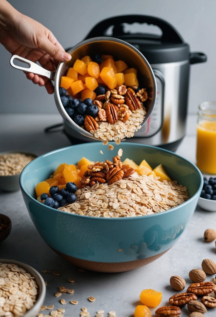 A colorful array of oats, fruits, and nuts being mixed in a large bowl, with an Instant Pot in the background