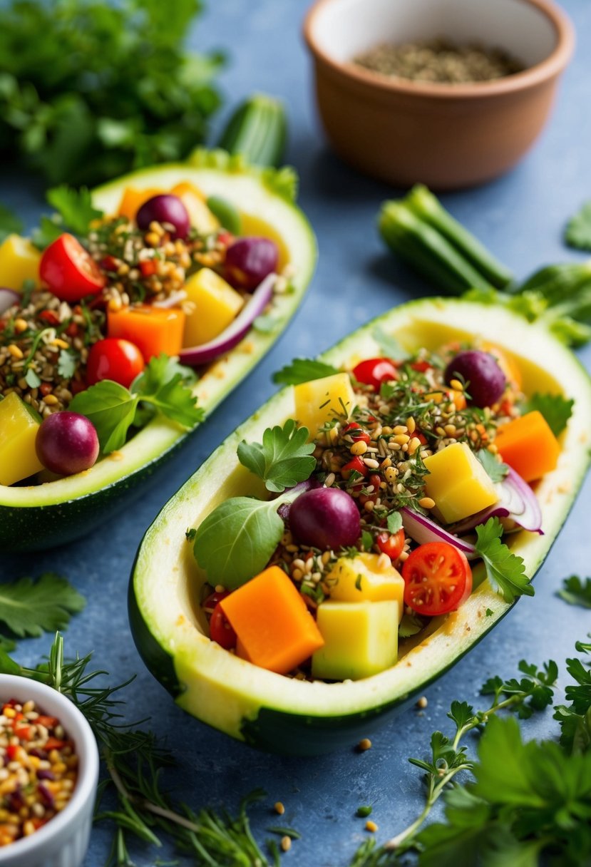 Zucchini boats filled with colorful high-fiber ingredients, surrounded by fresh herbs and spices