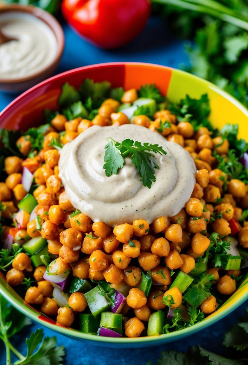 A colorful bowl filled with spiced chickpea salad topped with creamy tahini dressing, surrounded by vibrant vegetables and herbs