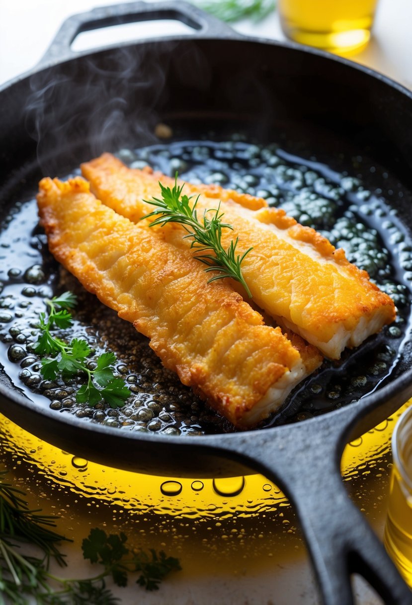 A golden-brown fried fish fillet sizzling in a hot skillet, surrounded by bubbling oil and aromatic herbs