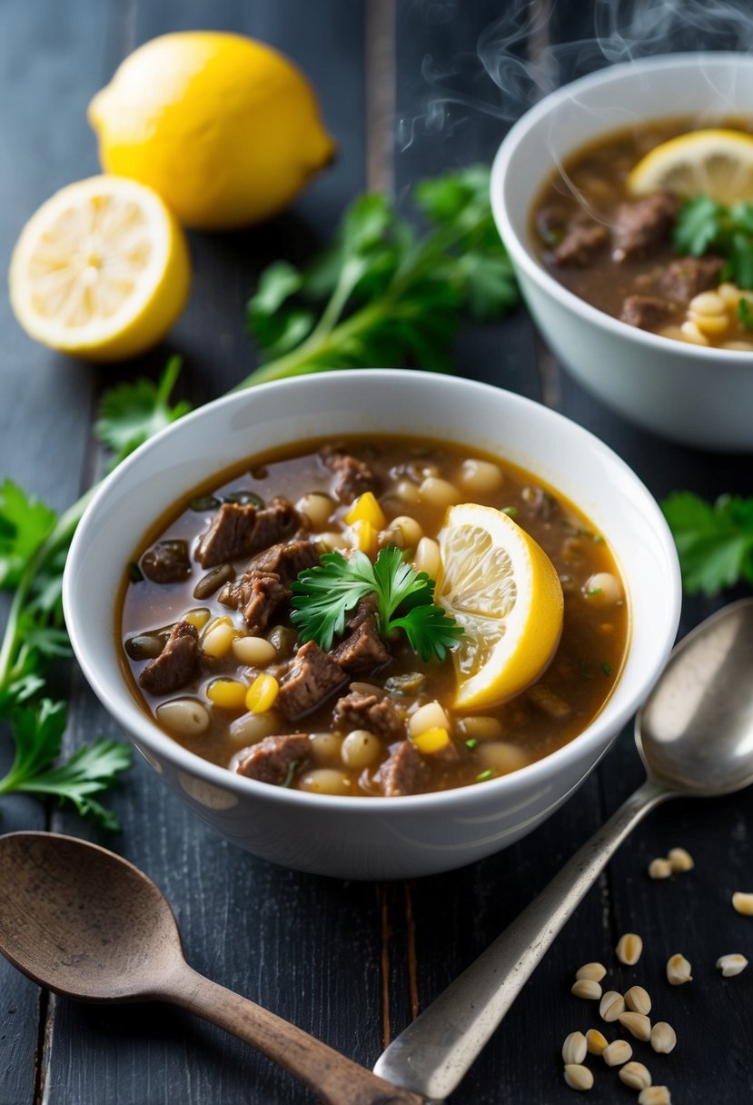 A steaming bowl of beef barley soup with lemon, surrounded by fresh ingredients and a rustic spoon