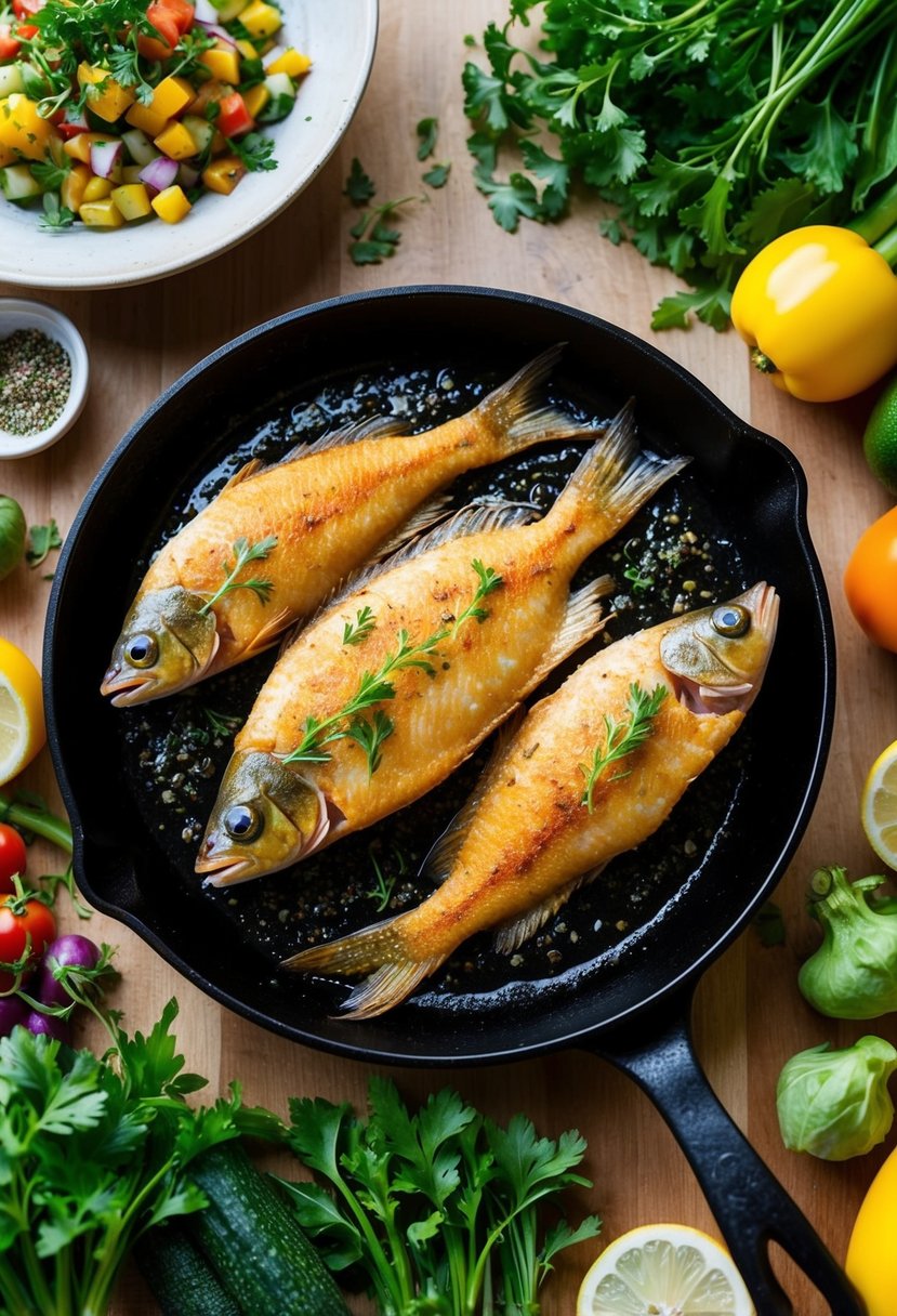 A sizzling skillet holds golden-brown fried fish, surrounded by a colorful array of fresh vegetables and a sprinkle of herbs