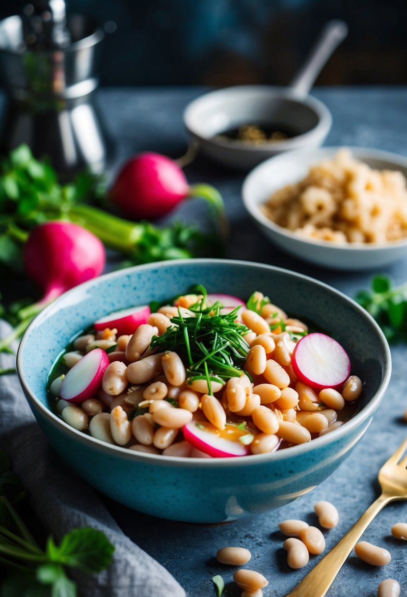 A bowl of white beans and radishes mixed with miso, surrounded by fresh ingredients and a rustic kitchen setting