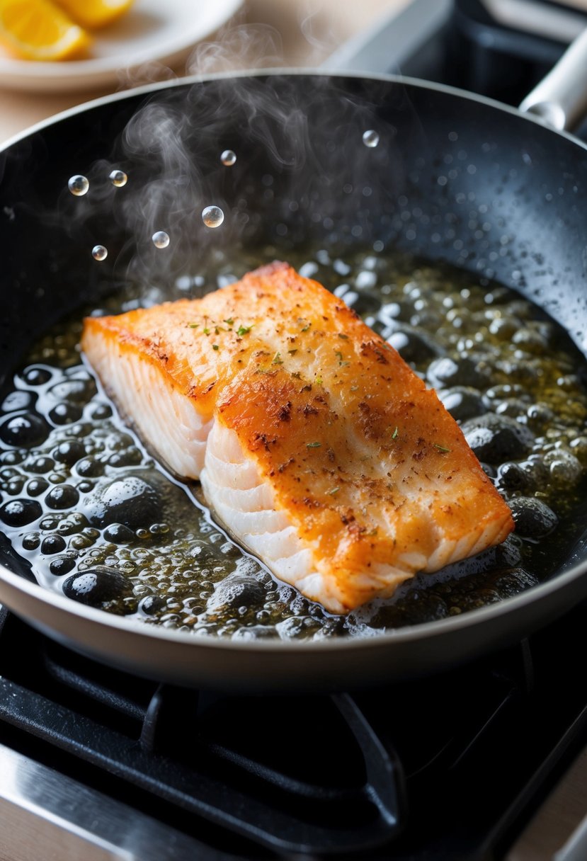 A sizzling fish fillet sizzling in a hot pan, surrounded by bubbles and steam, with a golden brown crust