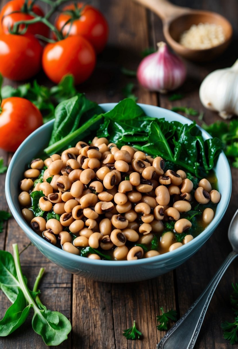 A bowl of black-eyed peas and greens arranged on a rustic wooden table, surrounded by fresh ingredients like tomatoes, onions, and garlic