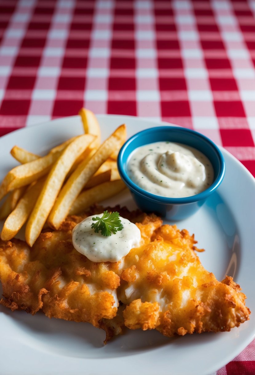 A plate of golden-brown beer battered fish with a side of crispy fries and a dollop of tartar sauce, all served on a checkered tablecloth