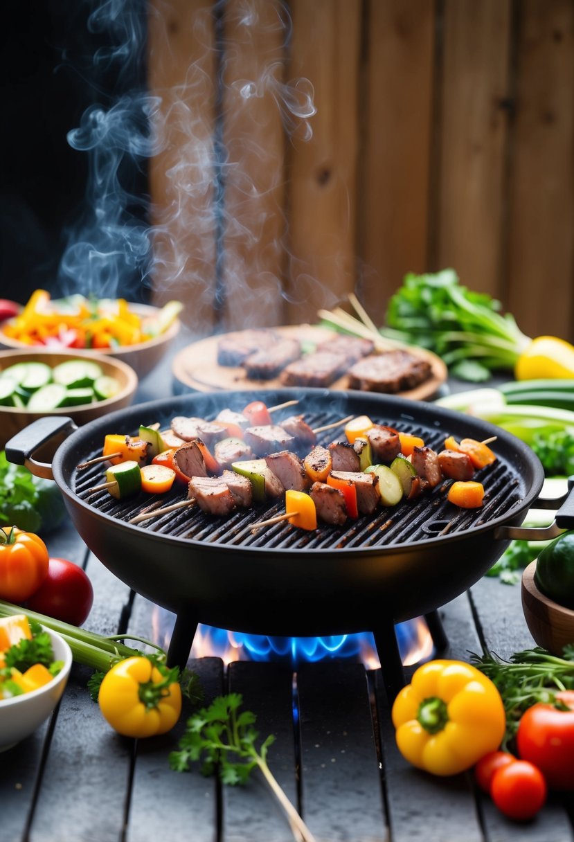 A sizzling grill surrounded by various ingredients like vegetables, meats, and skewers ready to be cooked. The smoke rises as the food cooks