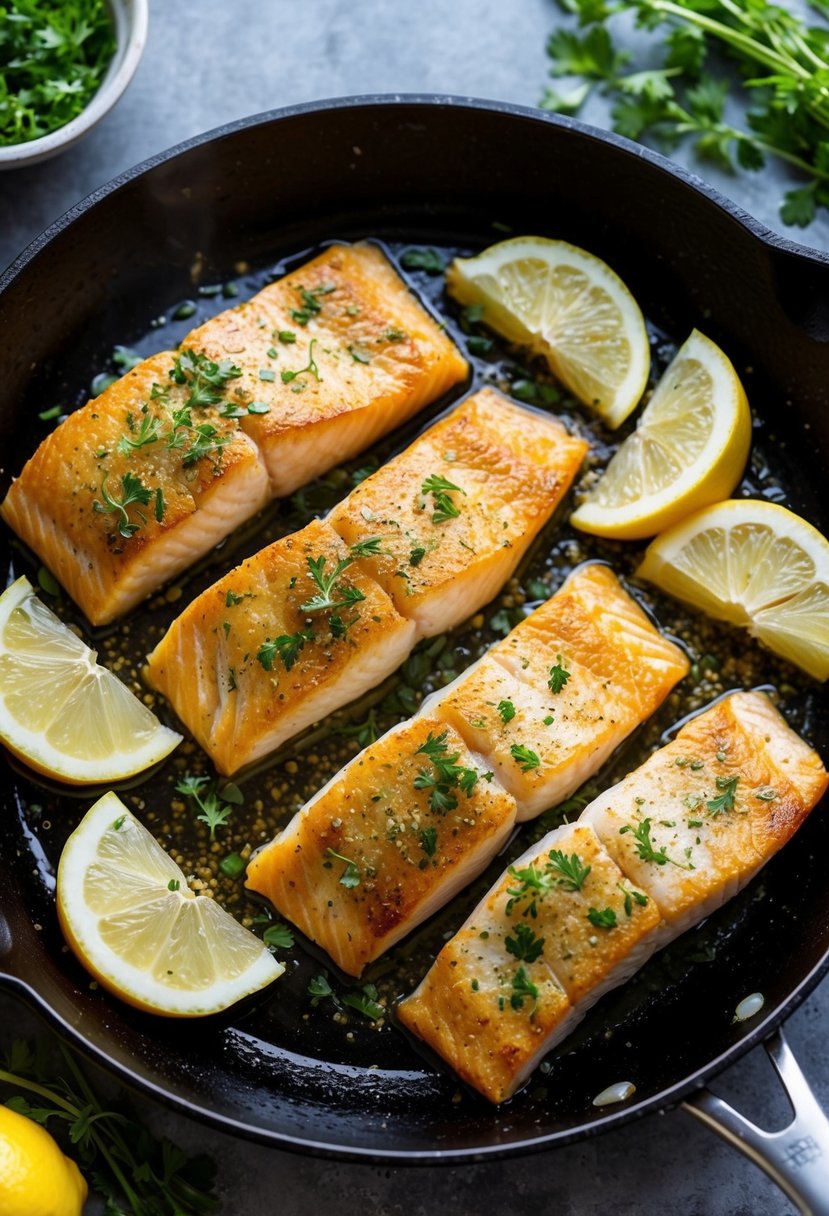 A sizzling skillet with golden-brown fish fillets surrounded by lemon wedges and a sprinkle of fresh herbs