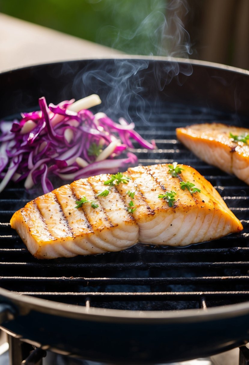 A sizzling Mahi-Mahi fillet rests on a hot grill, surrounded by vibrant red cabbage slaw and a hint of grill marks