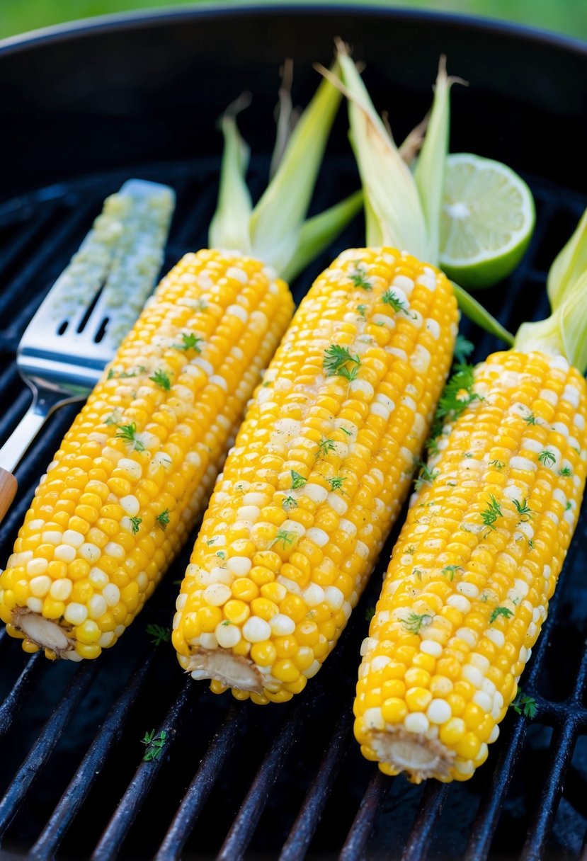 Fresh corn on the cob on a grill, brushed with honey lime glaze, with grill marks and a sprinkle of herbs