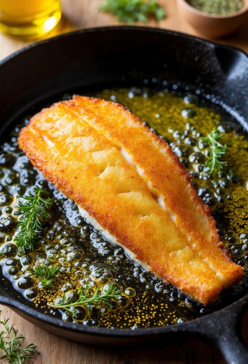 A golden-brown fried fish fillet sizzling in a cast-iron skillet, surrounded by bubbling oil and aromatic herbs and spices