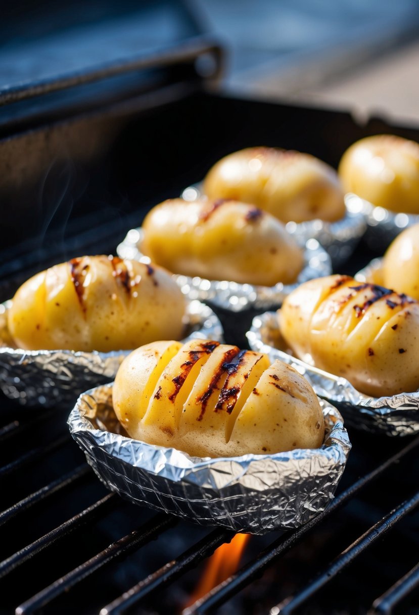 Baby potatoes wrapped in foil, sizzling on a grill with charred grill marks