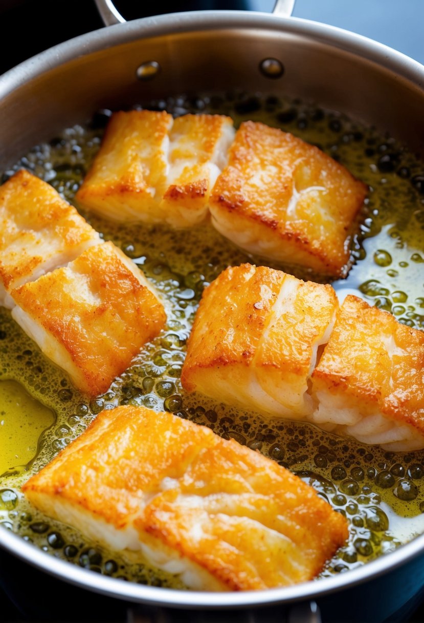 Golden-brown fish fillets sizzling in a bubbling pot of oil, surrounded by a light and crispy batter