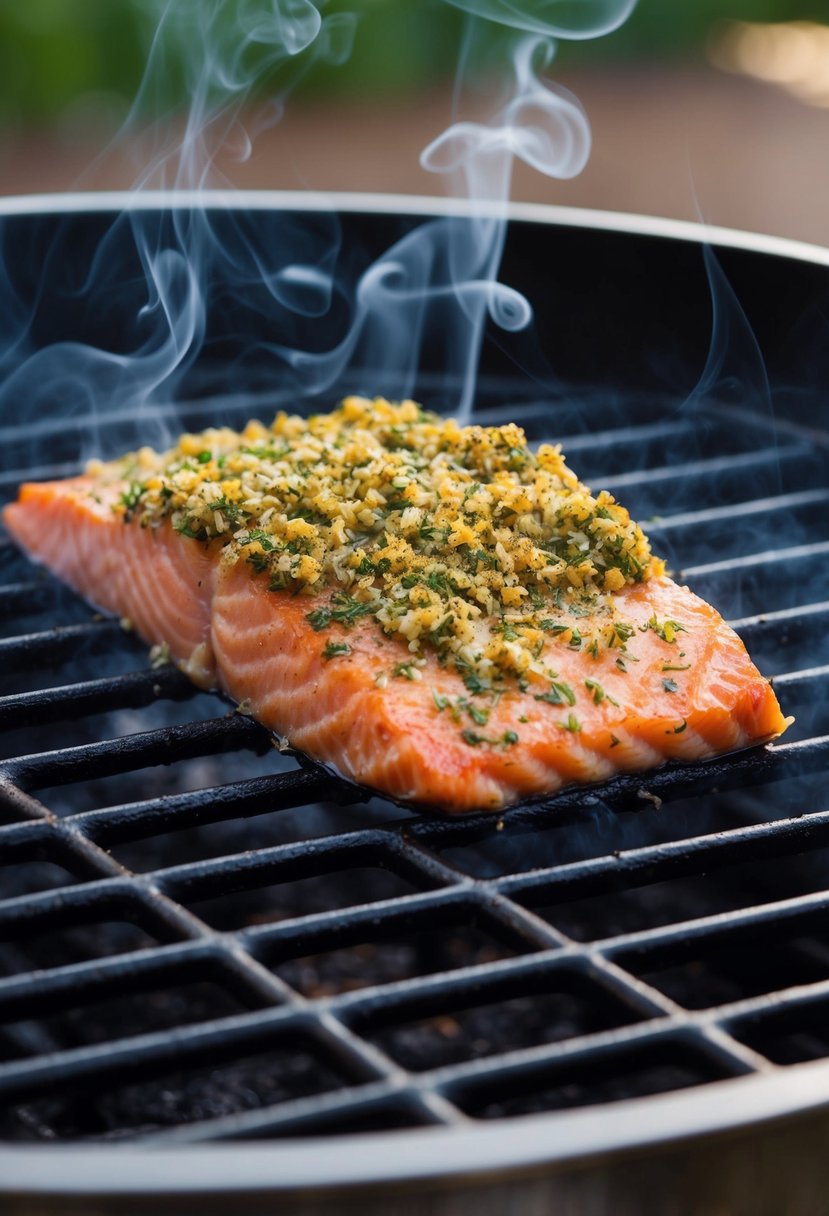 A piece of salmon sizzling on a hot grill, coated in a fragrant coriander-fennel rub, surrounded by wisps of smoke